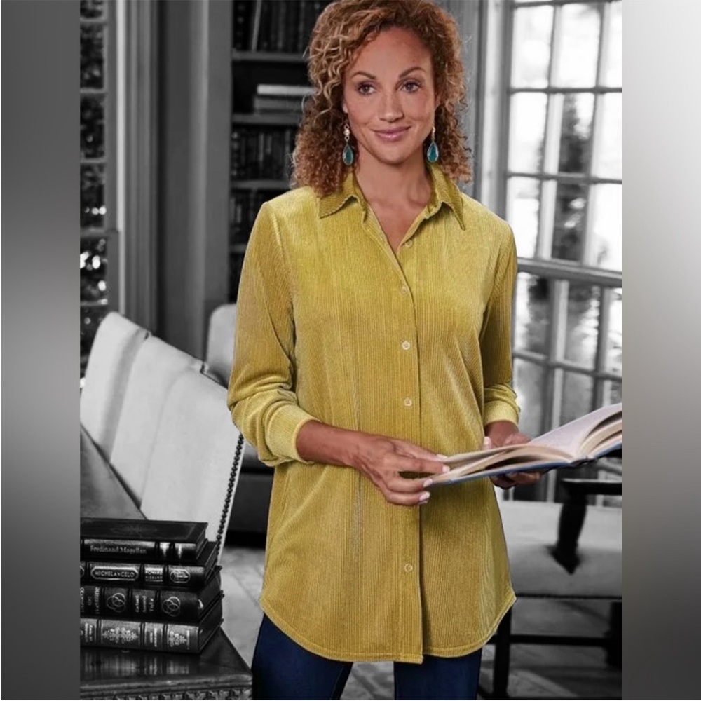 Soft Surroundings Womens Textured Ribbed Velvet Oversized Boyfriend Button Shirt